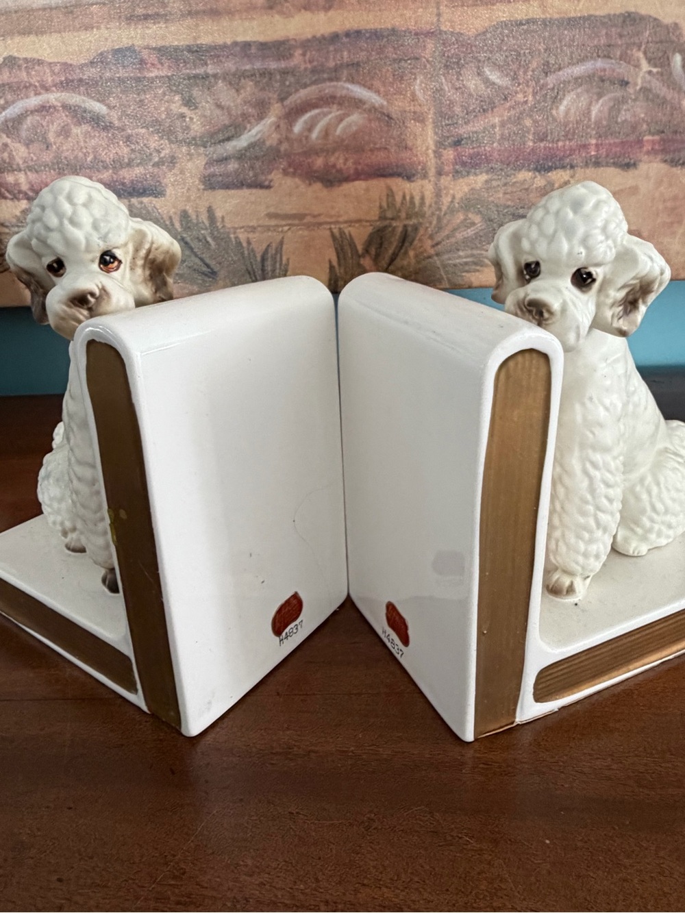 Vintage Lefton Porcelain White and Gold Poodle Bookends